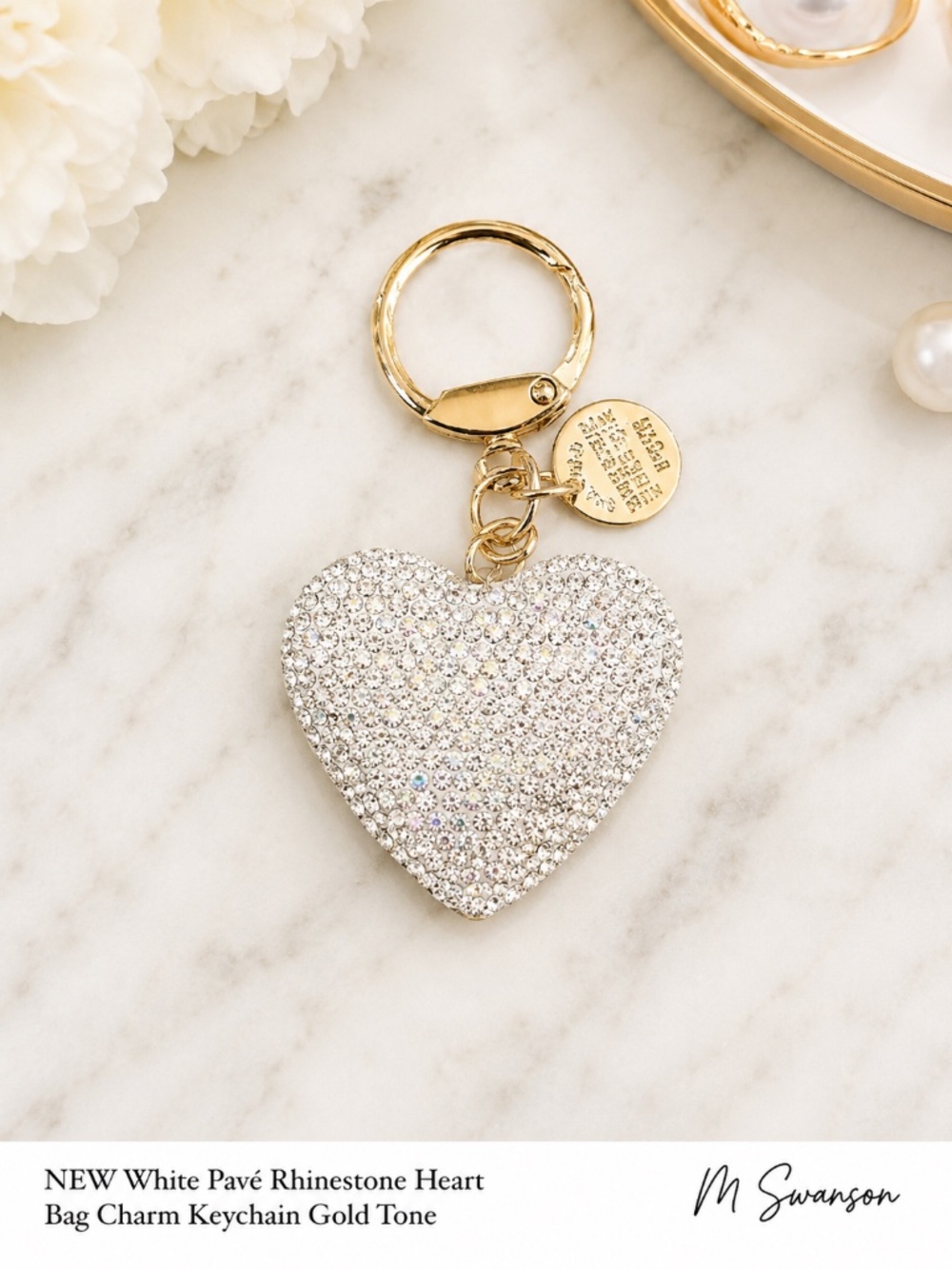 White Pavé Rhinestone Heart Bag Charm Keychain Gold Tone